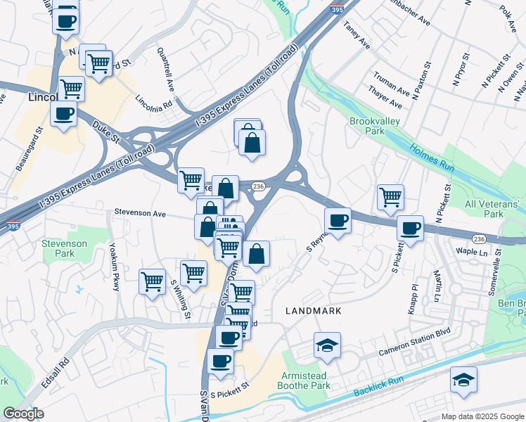 map of restaurants, bars, coffee shops, grocery stores, and more near 16 South Van Dorn Street in Alexandria