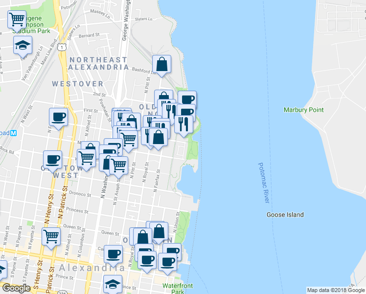 map of restaurants, bars, coffee shops, grocery stores, and more near 110 Montgomery Place in Alexandria