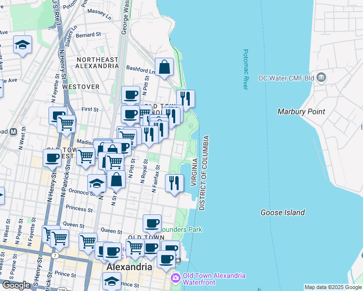 map of restaurants, bars, coffee shops, grocery stores, and more near 110 Montgomery Place in Alexandria