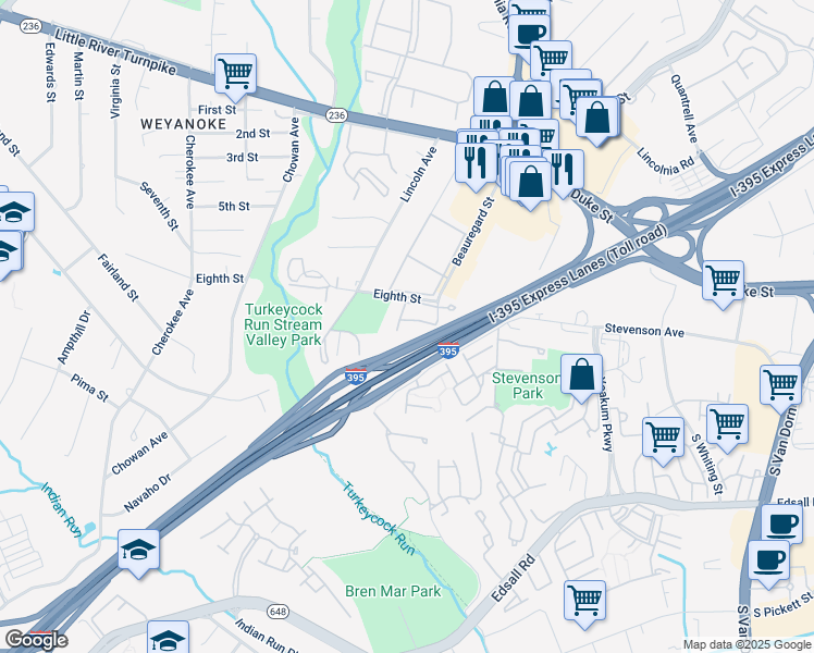 map of restaurants, bars, coffee shops, grocery stores, and more near 5137 Beauregard Street in Alexandria