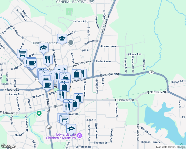 map of restaurants, bars, coffee shops, grocery stores, and more near 514 East Vandalia Street in Edwardsville