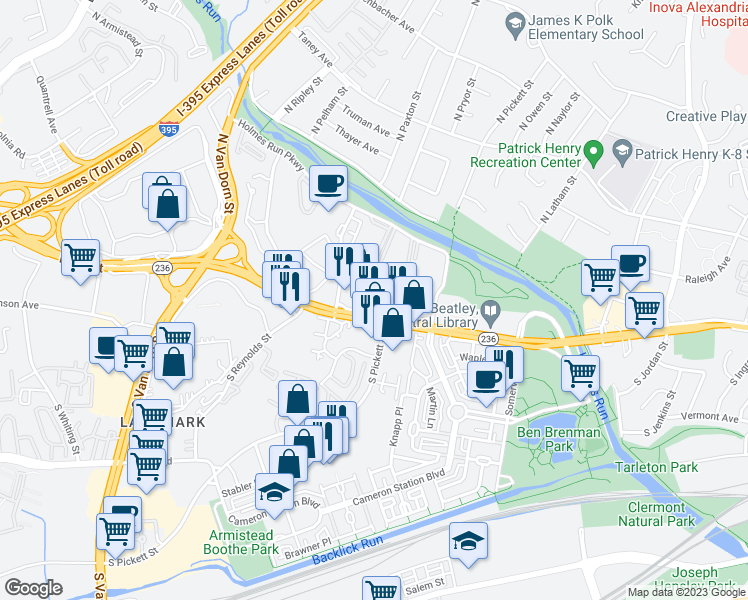 map of restaurants, bars, coffee shops, grocery stores, and more near 5 Canterbury Square in Alexandria