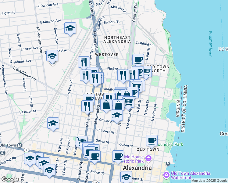 map of restaurants, bars, coffee shops, grocery stores, and more near 814 Madison Street in Alexandria