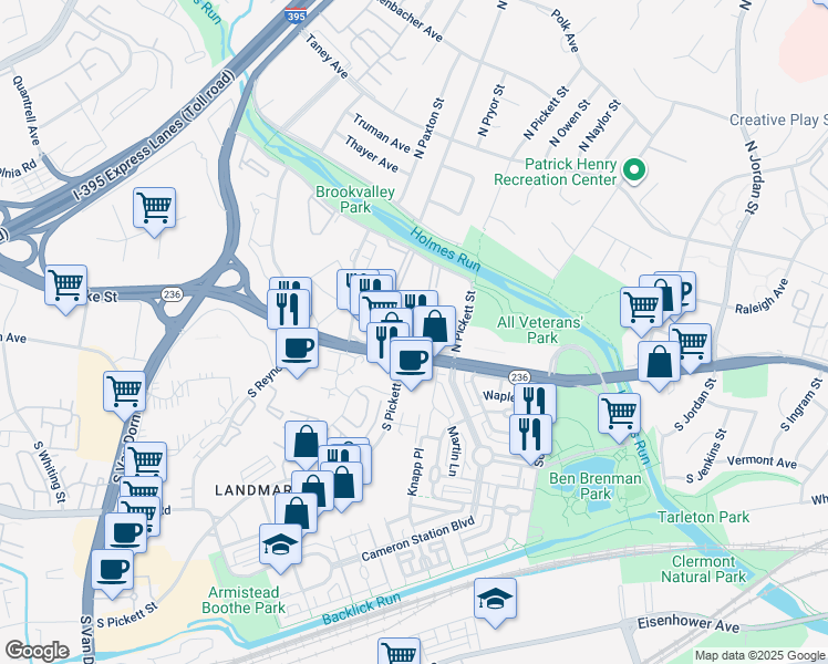 map of restaurants, bars, coffee shops, grocery stores, and more near 2 Canterbury Square in Alexandria