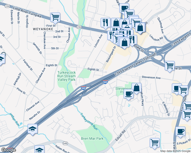 map of restaurants, bars, coffee shops, grocery stores, and more near 5137 Beauregard Street in Alexandria
