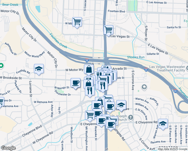 map of restaurants, bars, coffee shops, grocery stores, and more near 109 East Brookside Street in Colorado Springs