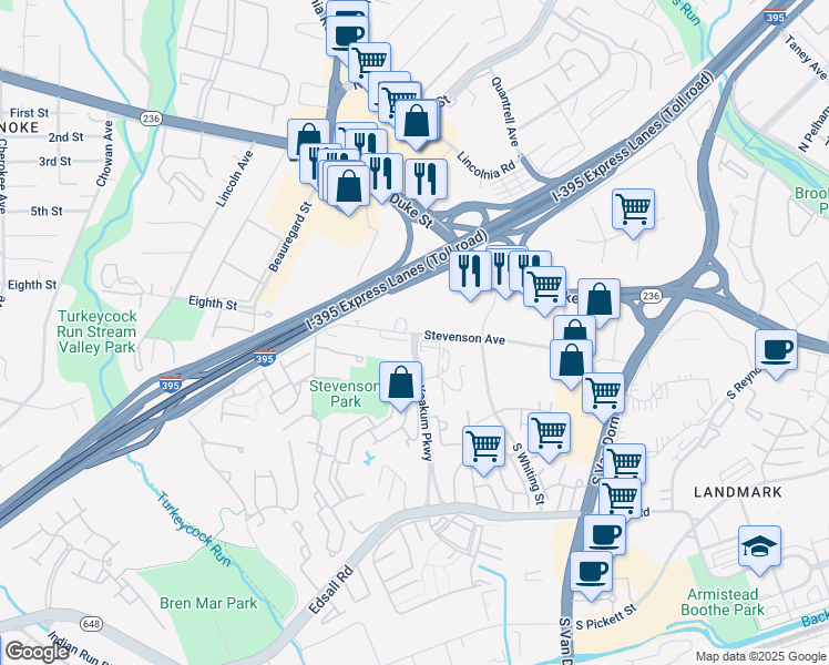 map of restaurants, bars, coffee shops, grocery stores, and more near 240 Yoakum Parkway in Alexandria