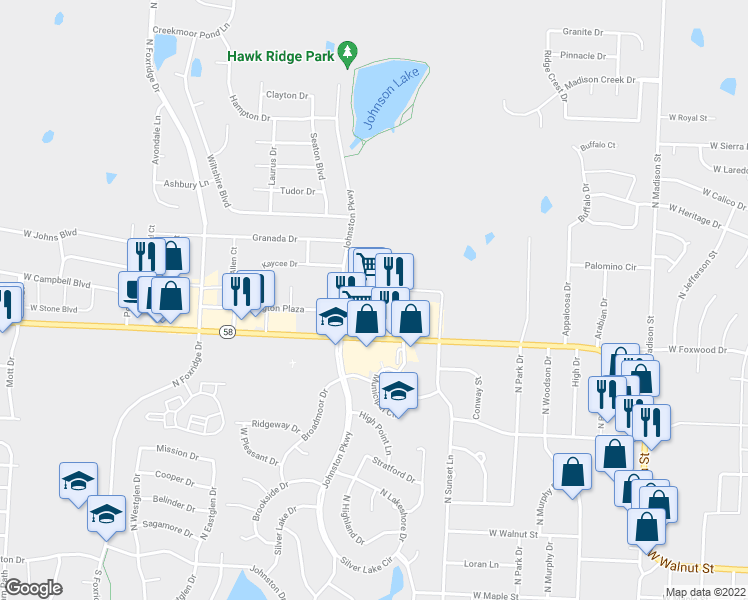 map of restaurants, bars, coffee shops, grocery stores, and more near 900 West Foxwood Drive in Raymore