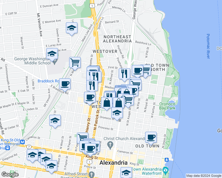 map of restaurants, bars, coffee shops, grocery stores, and more near 830 Madison Street in Alexandria