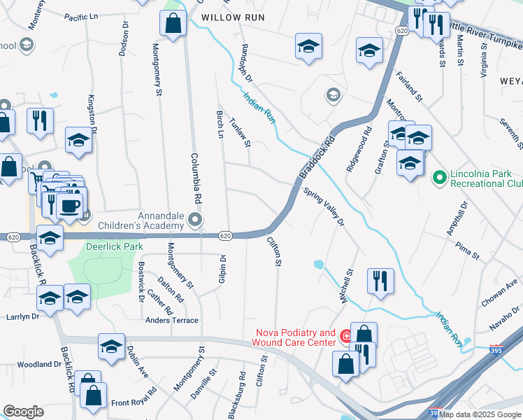 map of restaurants, bars, coffee shops, grocery stores, and more near 6609 Pine Road in Alexandria