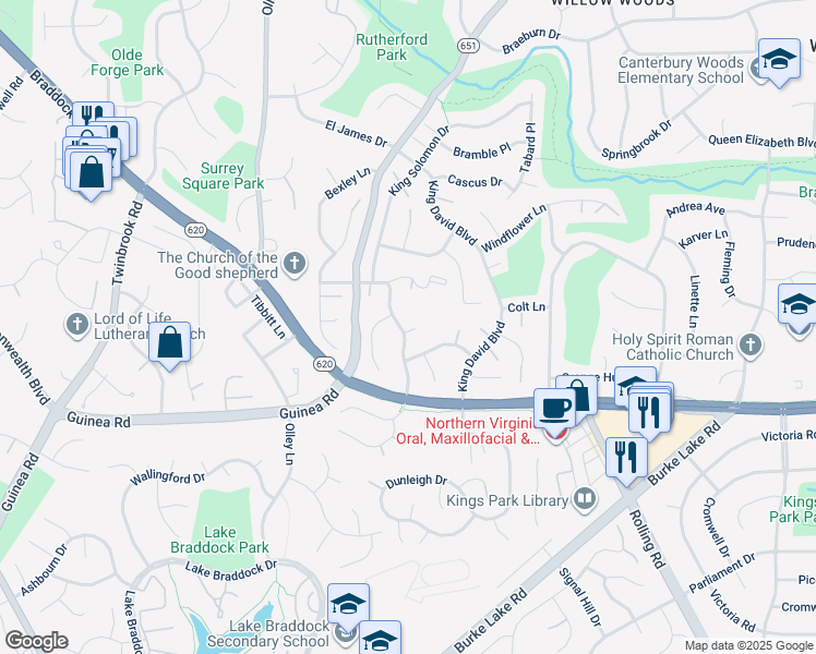 map of restaurants, bars, coffee shops, grocery stores, and more near 5127 Bradfield Drive in Annandale