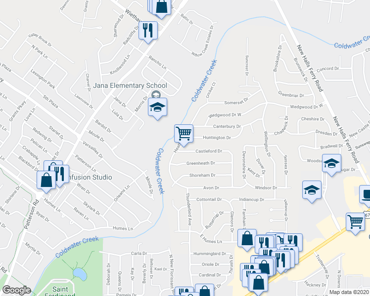 map of restaurants, bars, coffee shops, grocery stores, and more near 2007 Retford Drive in Florissant
