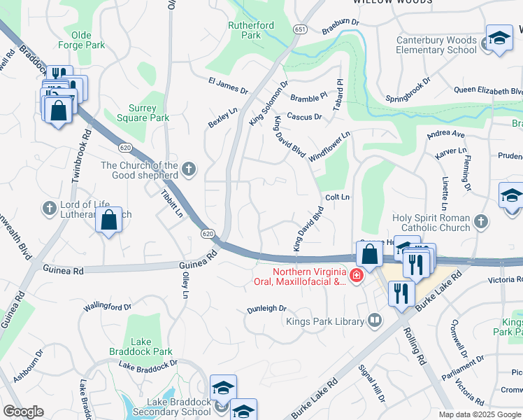 map of restaurants, bars, coffee shops, grocery stores, and more near 5127 Bradfield Drive in Annandale