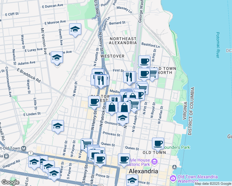 map of restaurants, bars, coffee shops, grocery stores, and more near 836 Madison Street in Alexandria