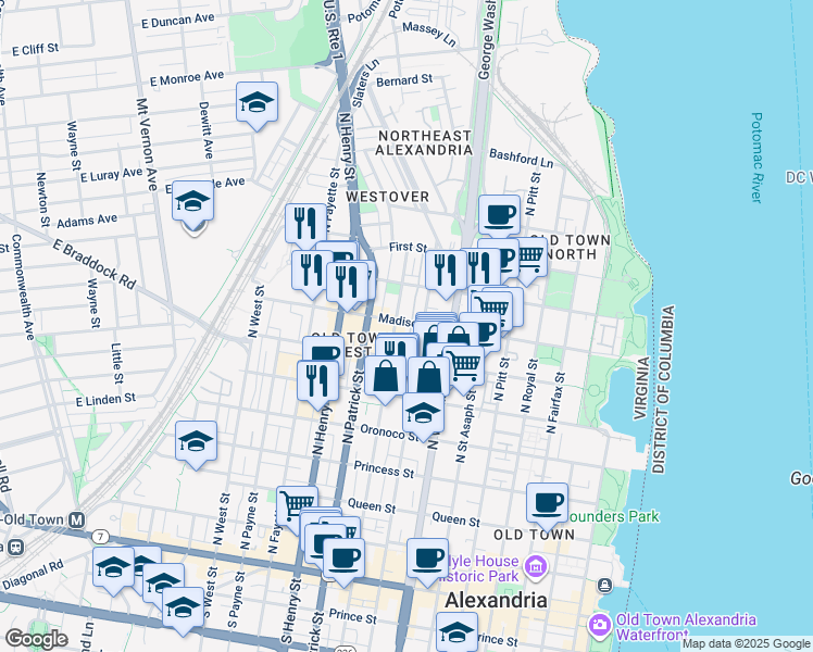 map of restaurants, bars, coffee shops, grocery stores, and more near 824 Madison Street in Alexandria