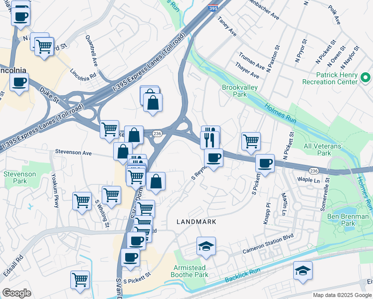map of restaurants, bars, coffee shops, grocery stores, and more near 16 South Van Dorn Street in Alexandria