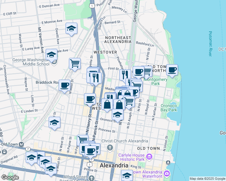 map of restaurants, bars, coffee shops, grocery stores, and more near 824 Madison Street in Alexandria