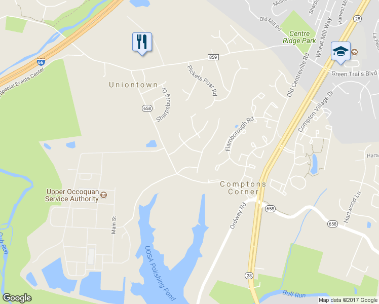 map of restaurants, bars, coffee shops, grocery stores, and more near 14707 General Lee Drive in Centreville
