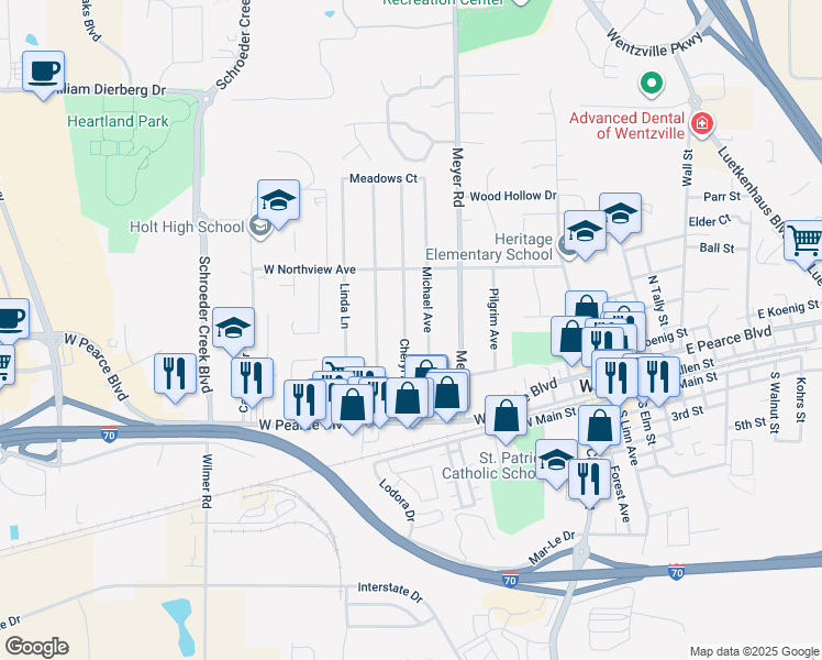 map of restaurants, bars, coffee shops, grocery stores, and more near 408 Cheryl Ann Drive in Wentzville