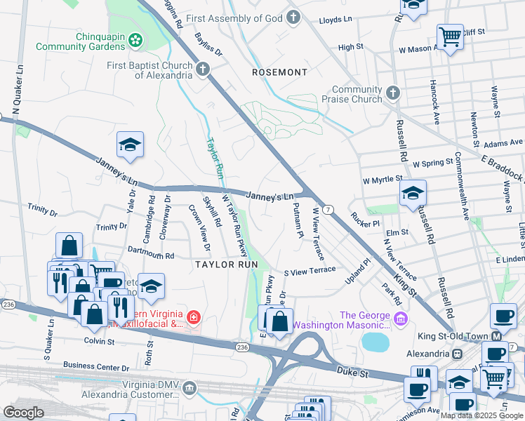 map of restaurants, bars, coffee shops, grocery stores, and more near 510 Robinson Court in Alexandria