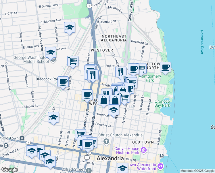 map of restaurants, bars, coffee shops, grocery stores, and more near 836 Madison Street in Alexandria
