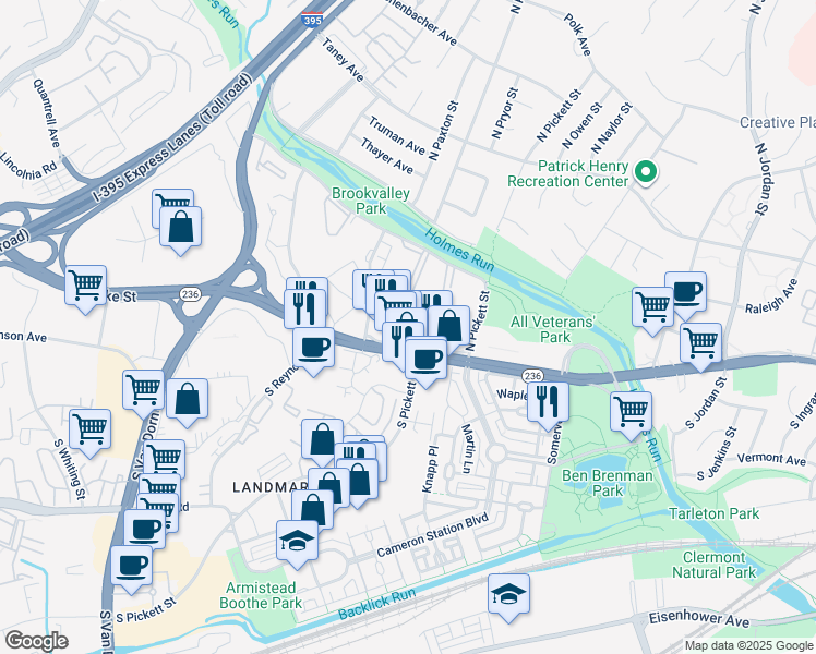 map of restaurants, bars, coffee shops, grocery stores, and more near 5 Canterbury Square in Alexandria