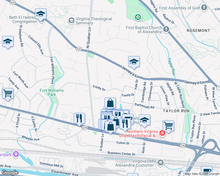 map of restaurants, bars, coffee shops, grocery stores, and more near 500 Canterbury Lane in Alexandria