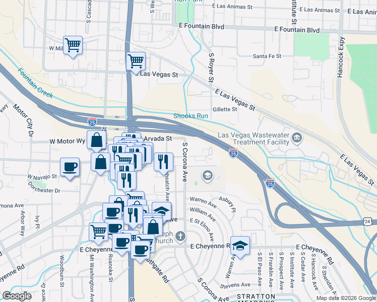map of restaurants, bars, coffee shops, grocery stores, and more near 1415 South Corona Avenue in Colorado Springs