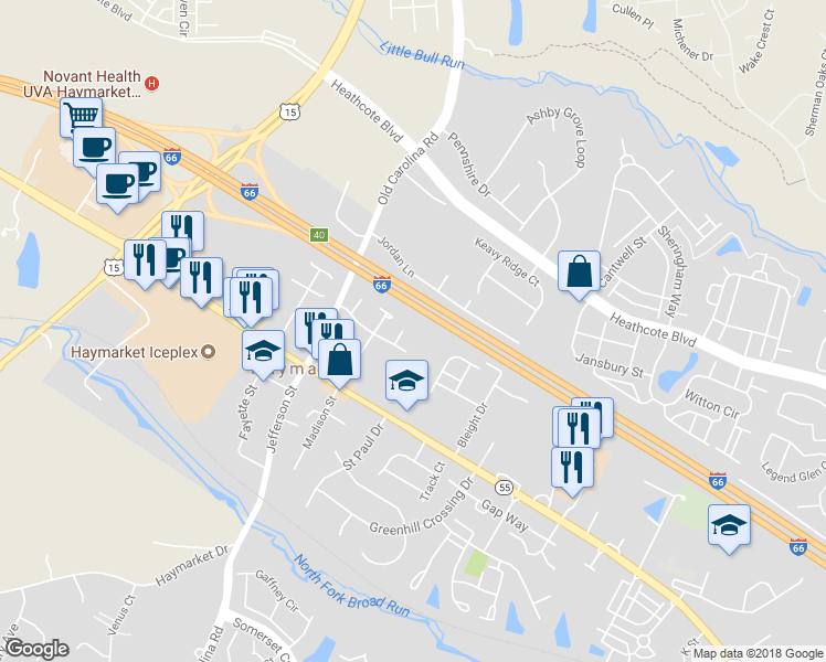 map of restaurants, bars, coffee shops, grocery stores, and more near 6687 Comanche Court in Haymarket
