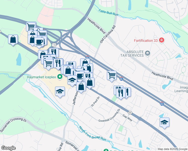 map of restaurants, bars, coffee shops, grocery stores, and more near 14981 Cheyenne Way in Haymarket