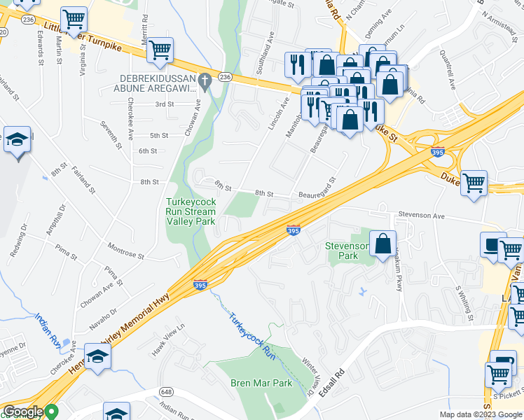 map of restaurants, bars, coffee shops, grocery stores, and more near 5120 Observation Way in Alexandria