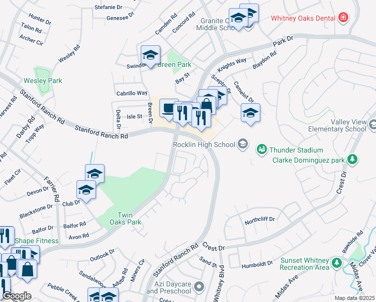 map of restaurants, bars, coffee shops, grocery stores, and more near 211b Santa Fe Way in Rocklin