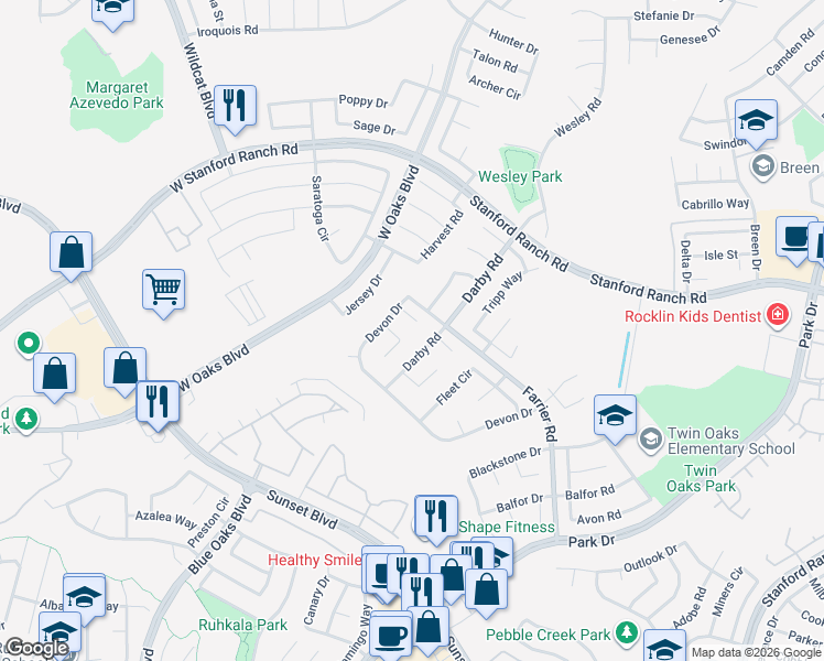 map of restaurants, bars, coffee shops, grocery stores, and more near 5712 Darby Road in Rocklin