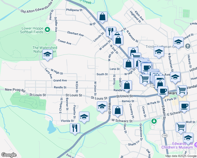 map of restaurants, bars, coffee shops, grocery stores, and more near 428 West Union Street in Edwardsville