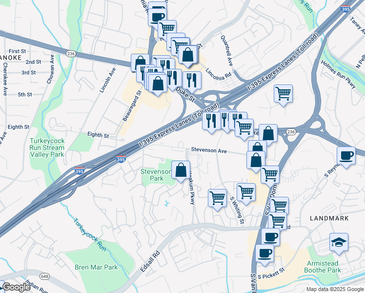 map of restaurants, bars, coffee shops, grocery stores, and more near 6335 Stevenson Avenue in Alexandria