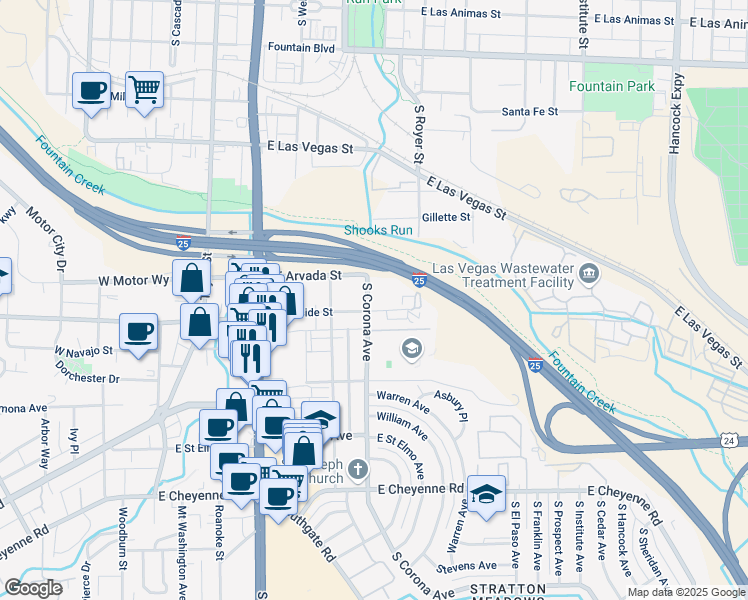 map of restaurants, bars, coffee shops, grocery stores, and more near 513 East Brookside Street in Colorado Springs