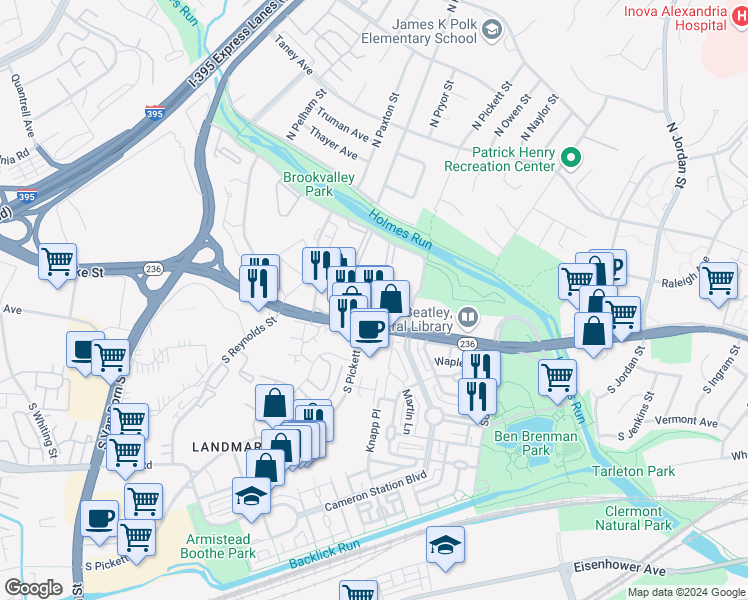 map of restaurants, bars, coffee shops, grocery stores, and more near 4 Canterbury Square in Alexandria