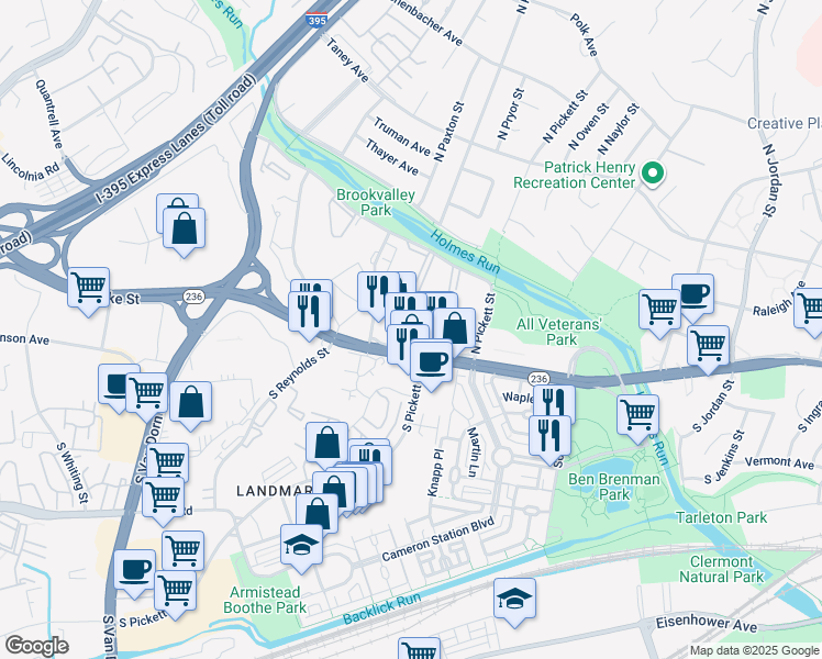 map of restaurants, bars, coffee shops, grocery stores, and more near 5 Canterbury Square in Alexandria