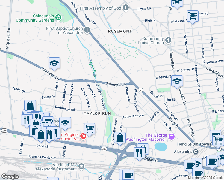 map of restaurants, bars, coffee shops, grocery stores, and more near 510 Robinson Court in Alexandria