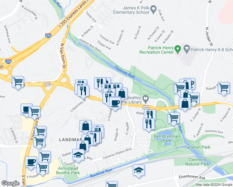 map of restaurants, bars, coffee shops, grocery stores, and more near 4 Canterbury Square in Alexandria