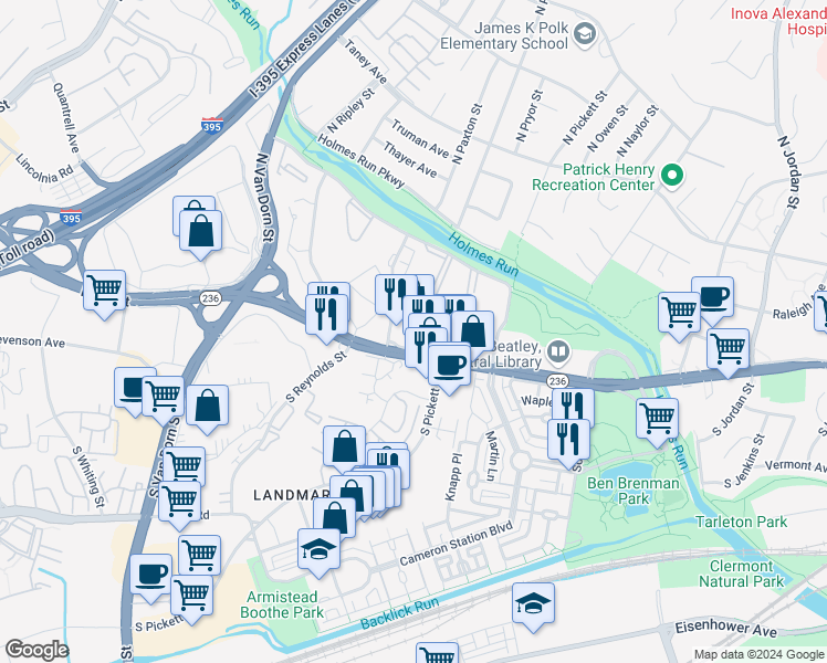 map of restaurants, bars, coffee shops, grocery stores, and more near 5253 Duke Street in Alexandria