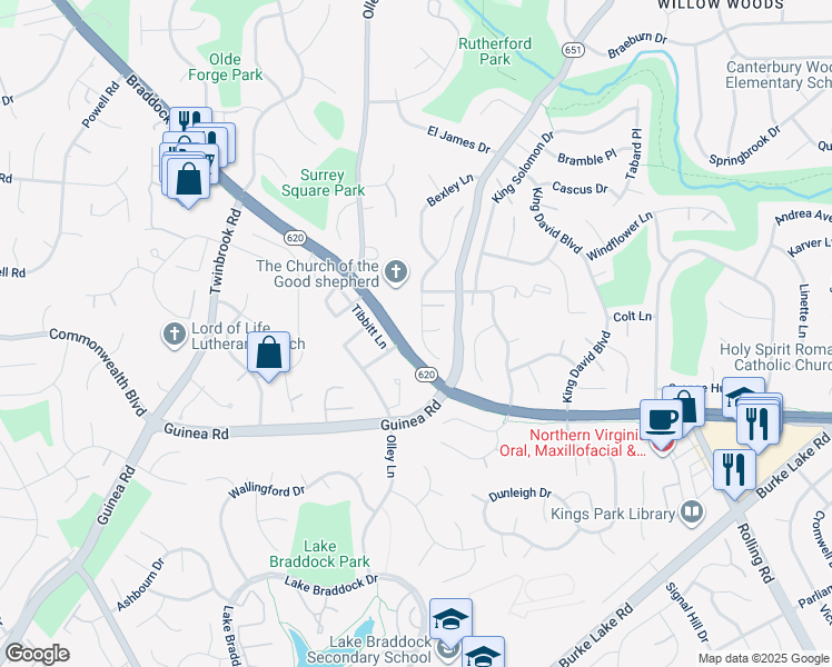 map of restaurants, bars, coffee shops, grocery stores, and more near 5044 Kenerson Drive in Fairfax