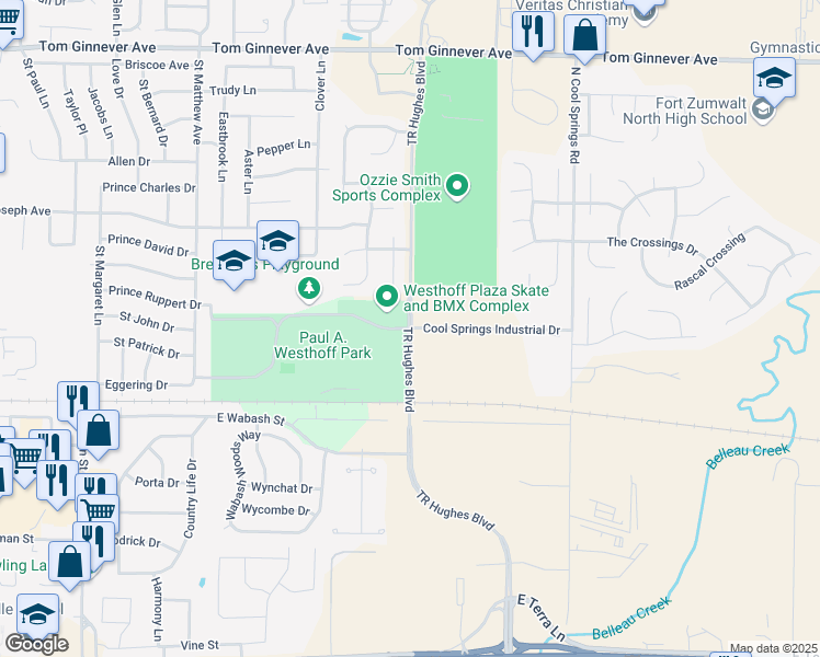 map of restaurants, bars, coffee shops, grocery stores, and more near T R Hughes Blvd in O'Fallon