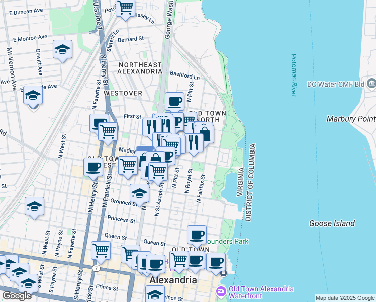 map of restaurants, bars, coffee shops, grocery stores, and more near 801 North Pitt Street in Alexandria