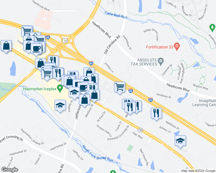 map of restaurants, bars, coffee shops, grocery stores, and more near 6643 Hunting Path Road in Haymarket
