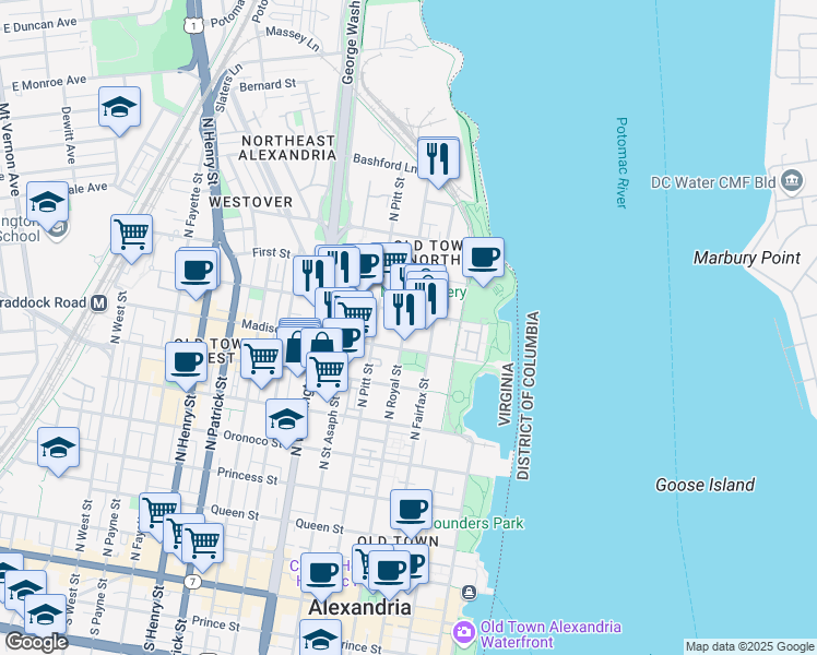 map of restaurants, bars, coffee shops, grocery stores, and more near 815 North Royal Street in Alexandria