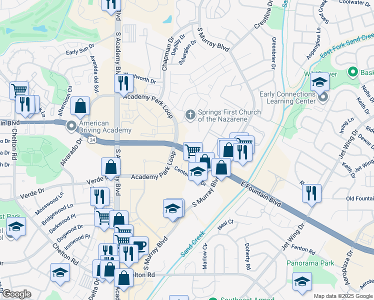 map of restaurants, bars, coffee shops, grocery stores, and more near 4138 East Fountain Boulevard in Colorado Springs