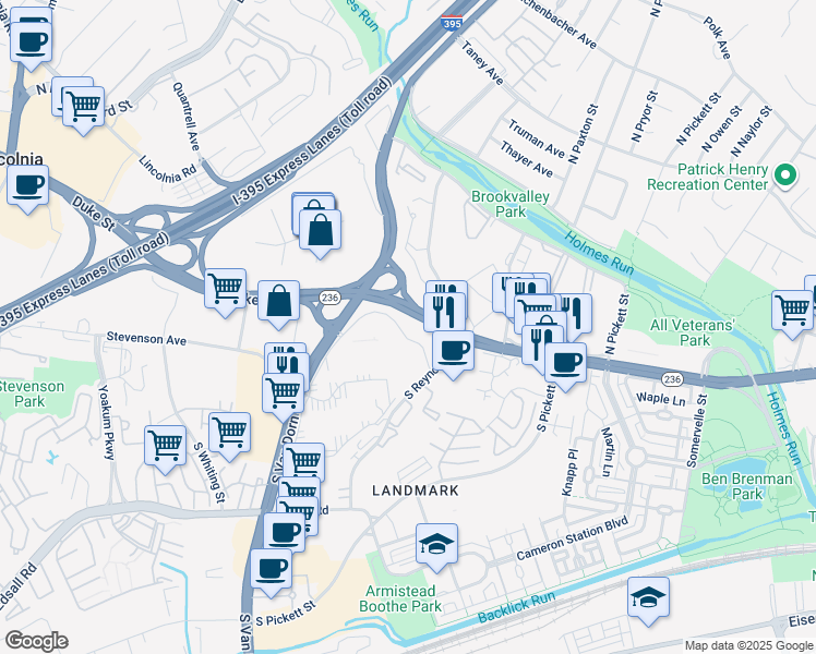 map of restaurants, bars, coffee shops, grocery stores, and more near 4 South Van Dorn Street in Alexandria