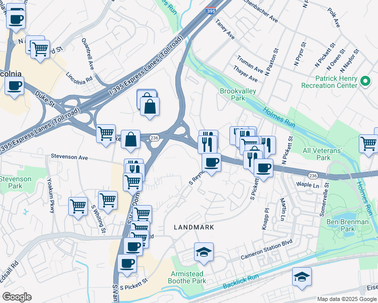 map of restaurants, bars, coffee shops, grocery stores, and more near 4 South Van Dorn Street in Alexandria