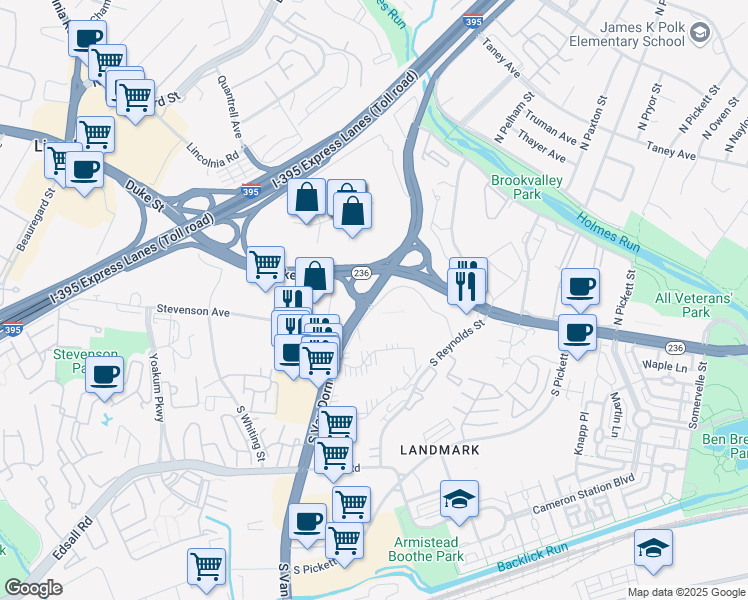 map of restaurants, bars, coffee shops, grocery stores, and more near 12 South Van Dorn Street in Alexandria